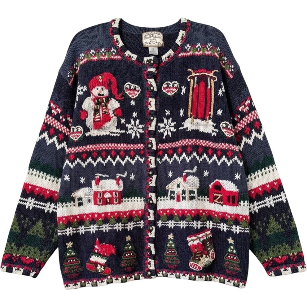 Heirloom Collectibles Cardigan 18/20 Blue Winter Village Snowman Grandma Core